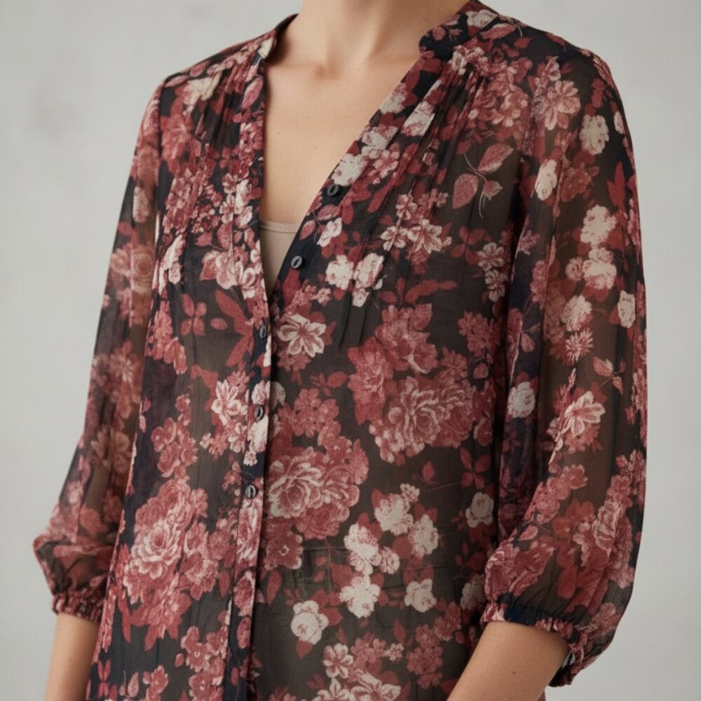 Sheer Floral Print Blouse | Black & Burgundy | Size S